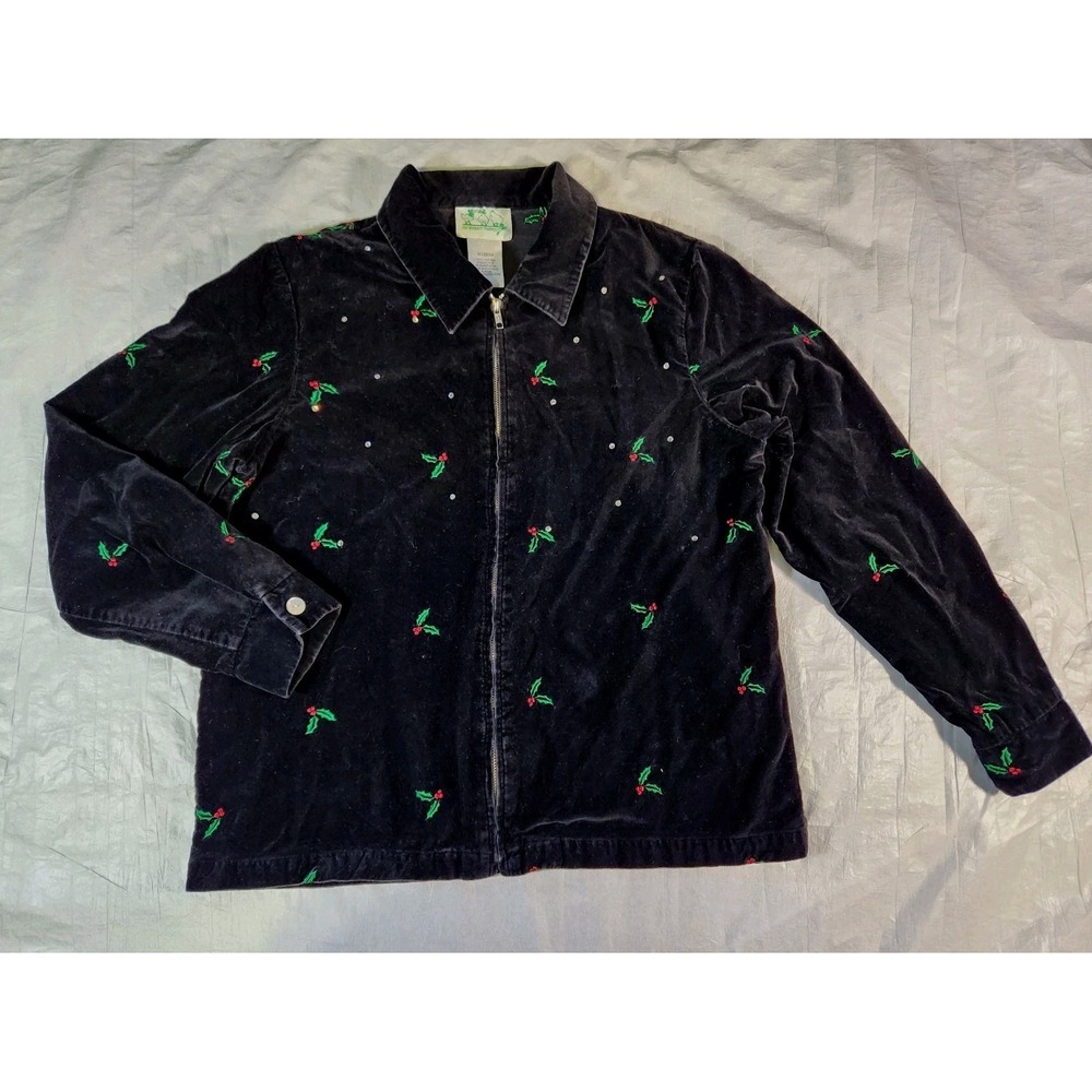 Quaker Factory Jacket Womens M Black Velvet Holly Rhinestone Holiday Mistletoe
